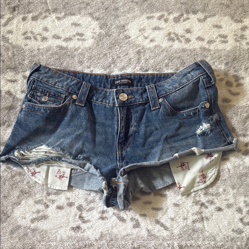 True Religion Blue Jean Shorts Distressed Denim